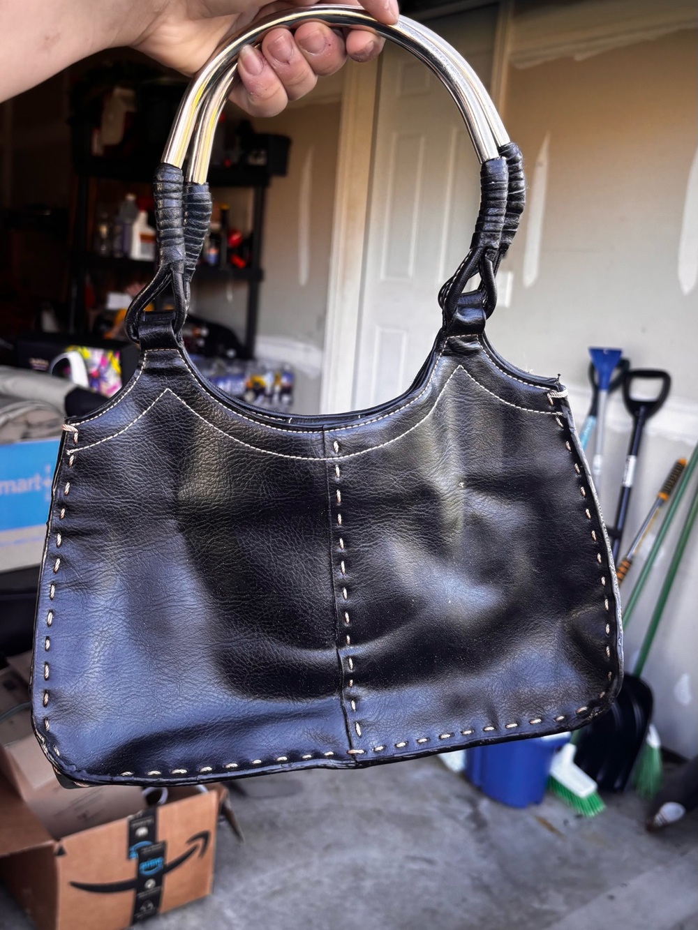 Black Leather Top-Handle Bag with Silver Handles